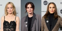 Image: Composite image of Olivia Wilde, Zoey Deutch and Natalie Portman wearing badges that read "ICE OUT".