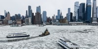 Hudson River partly frozen after winter storm near George Washington Bridge in New York