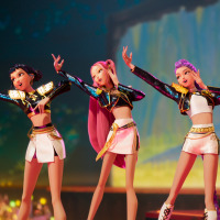 From left, Zoey, Mira, and Rumi sing on stage