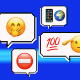 8-bit style message bubbles with various emojis, like a block emoji, a salute emoji, a phone emoji.